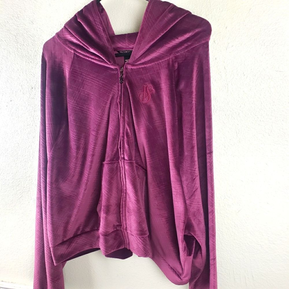 Victoria Secert's Y2k Couture Velvet Velour Burgundy Zip Up Crop Hoodie XXL - Picture 2 of 12